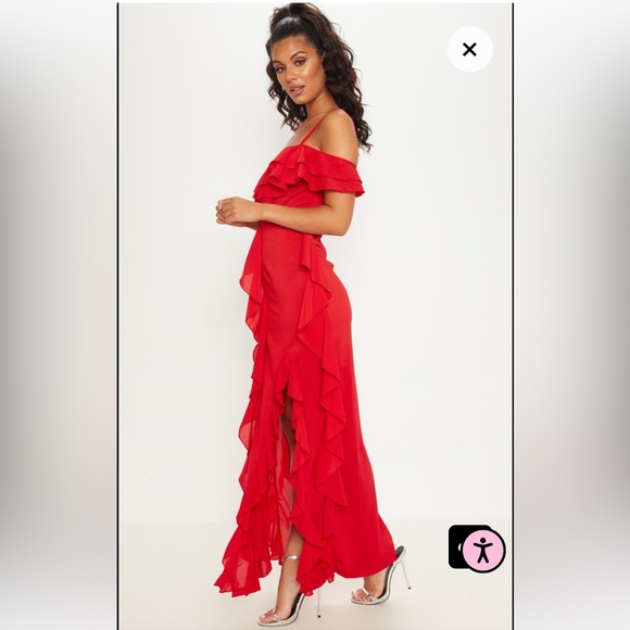 PrettyLittleThing Red Ruffle Maxi Dress - Picture 2 of 5